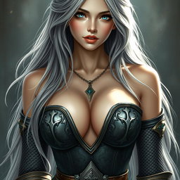 A busty beautiful cleric with a slender physique, showcasing very large tender breasts