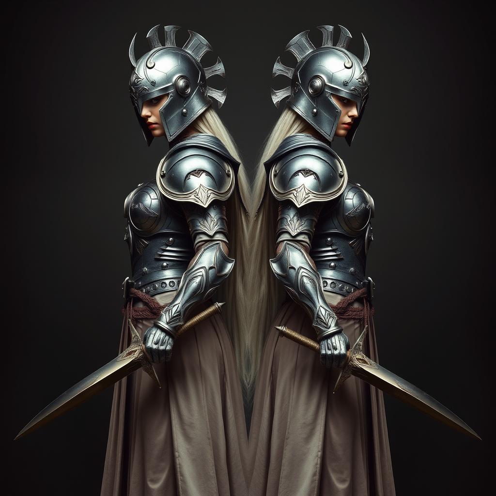 A striking image of a pair of female twins, both wearing intricately designed armor that complements a flowing long dress