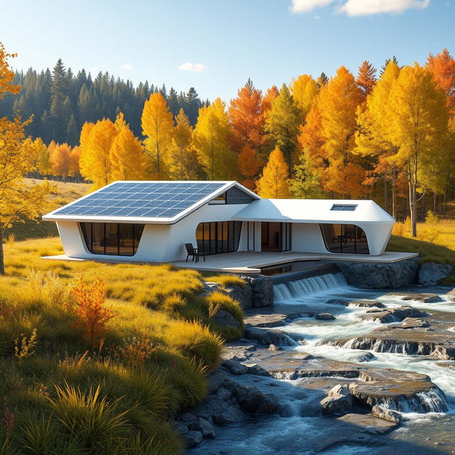 Design a modern futuristic house set against the backdrop of vibrant Siberian nature in summer