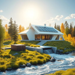 Design a modern futuristic house set against the backdrop of vibrant Siberian nature in summer