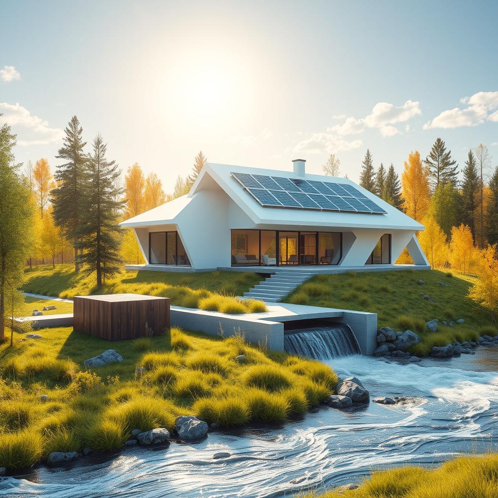 Design a modern futuristic house set against the backdrop of vibrant Siberian nature in summer