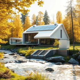 Design a modern futuristic house set against the backdrop of vibrant Siberian nature in summer