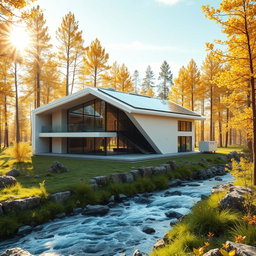 Design a modern futuristic house set against the backdrop of vibrant Siberian nature in summer