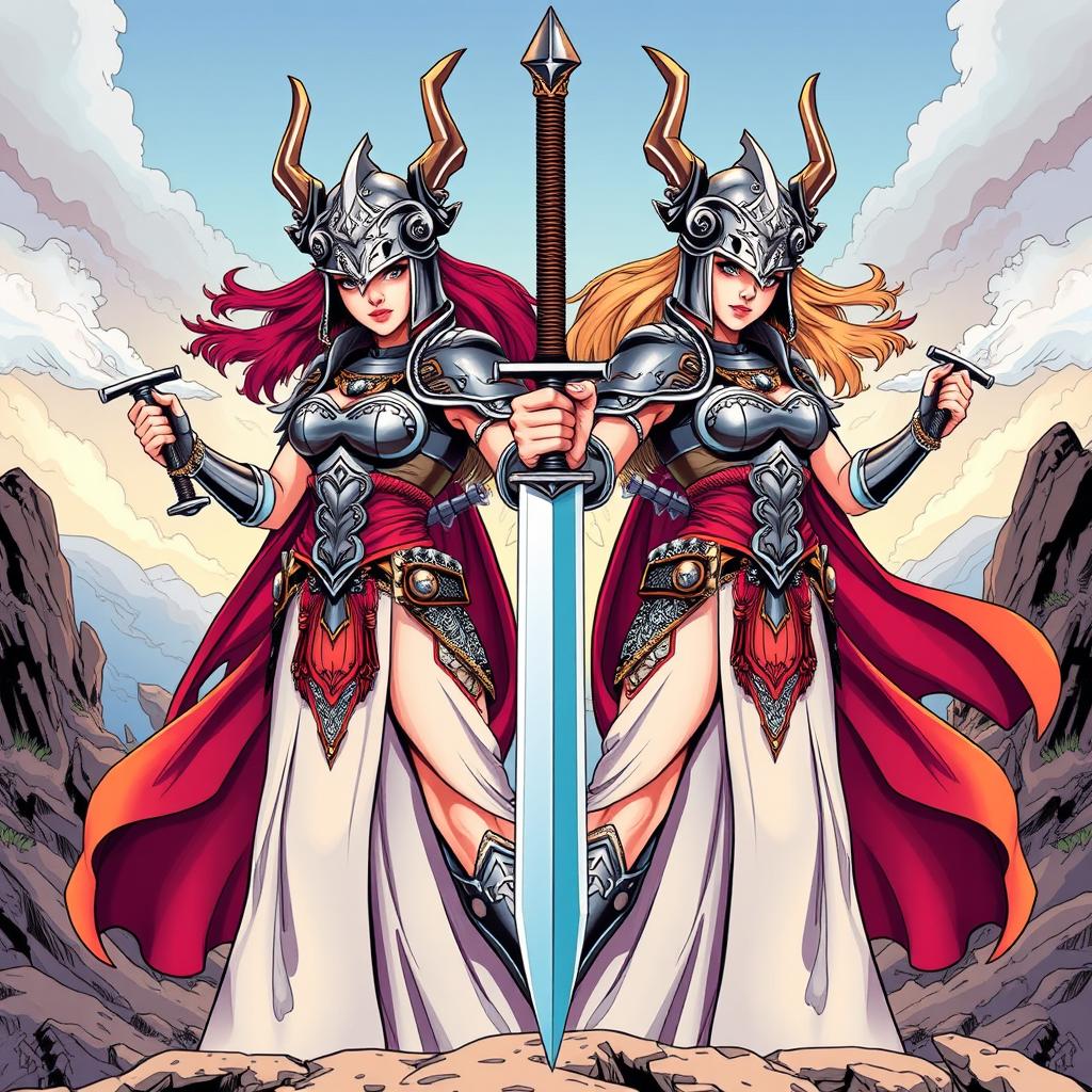 A dynamic illustration of a set of female twins, each distinct yet resembling each other, adorned in intricate armor with flowing long dresses