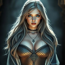A busty beautiful cleric, slender European girl with very large tender breasts