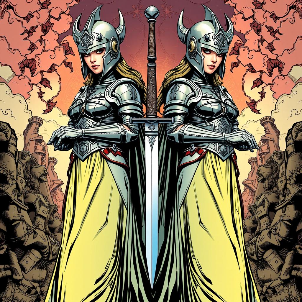 A captivating comic book illustration featuring a pair of female twins, both clad in ornate armor layered over flowing long dresses