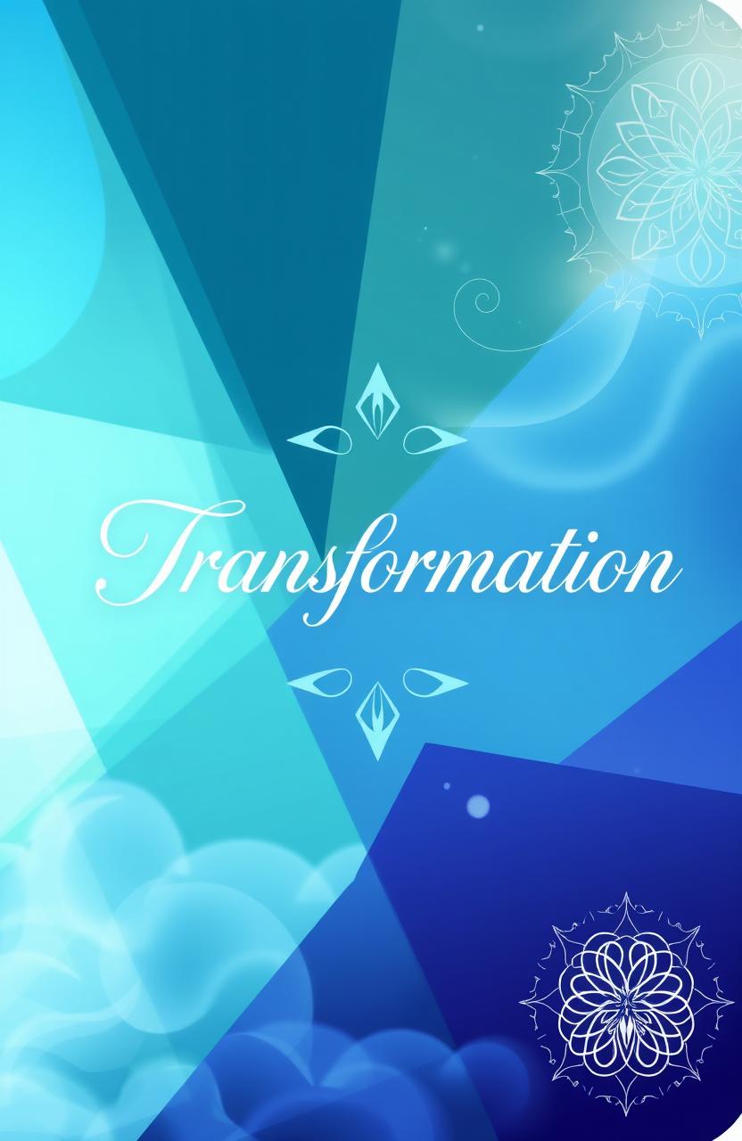 A cover design for a notebook related to a psychological transformation game, featuring abstract geometric shapes that symbolize change and growth, a color palette of soothing blues and greens, the title 'Transformation' in an elegant, flowing font at the center, with ethereal elements like soft wisps of clouds or light rays creating a dreamy atmosphere