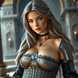 A busty and beautiful European cleric girl with striking features