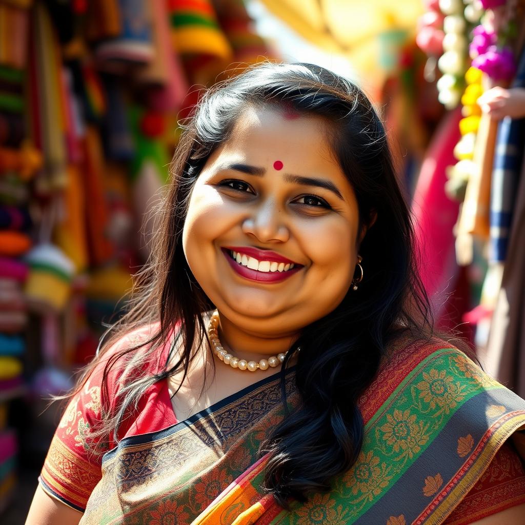 A portrait of a chubby Indian woman with a joyful smile, wearing traditional Indian attire, such as a colorful saree adorned with intricate patterns