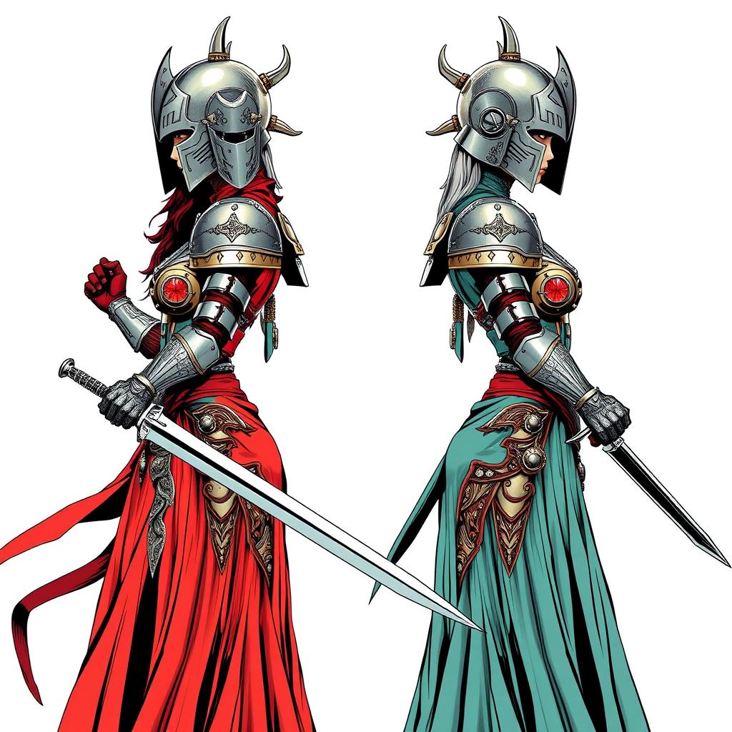 A striking image of a set of female twins, each adorned in intricately designed armor that complements their long flowing dresses