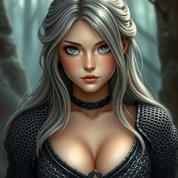 A busty beautiful cleric, slender European girl with very large tender breasts