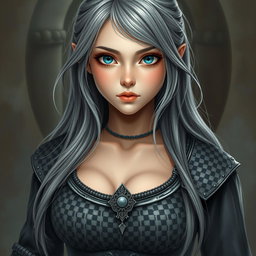 A busty beautiful cleric, slender European girl with very large tender breasts