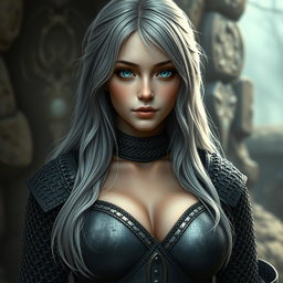 A busty beautiful cleric, slender European girl with very large tender breasts