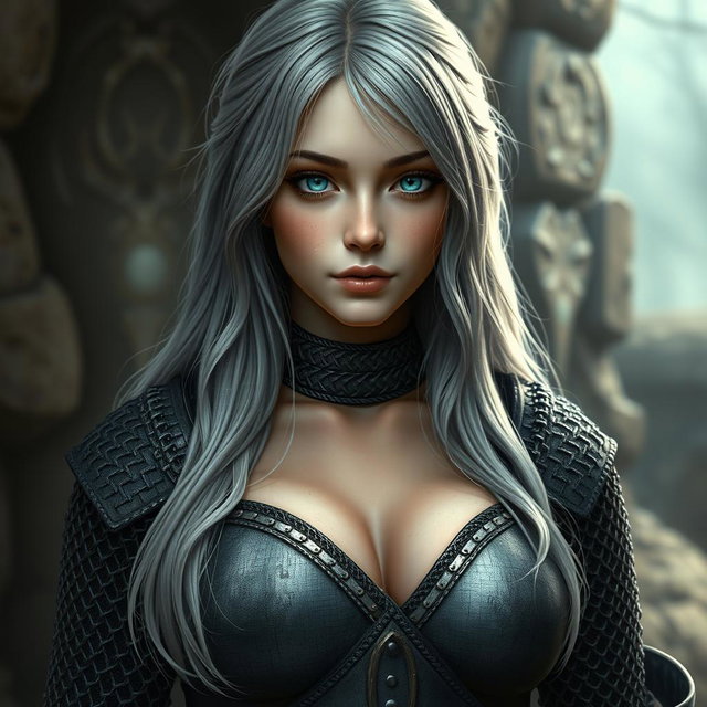 A busty beautiful cleric, slender European girl with very large tender breasts