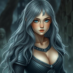 A busty beautiful cleric, slender European girl with very large tender breasts