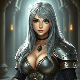 A stunning cleric character, featuring an alluring slender European girl with very large, tender breasts