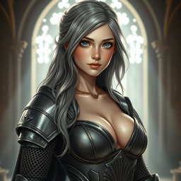 A stunning cleric character, featuring an alluring slender European girl with very large, tender breasts