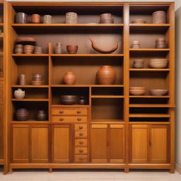 A well-organized storage room filled with beautifully crafted teak wood furniture displaying a variety of aesthetically pleasing designs.