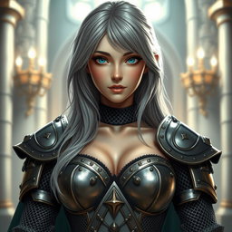 A stunning cleric character, featuring an alluring slender European girl with very large, tender breasts