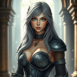A stunning cleric character, featuring an alluring slender European girl with very large, tender breasts