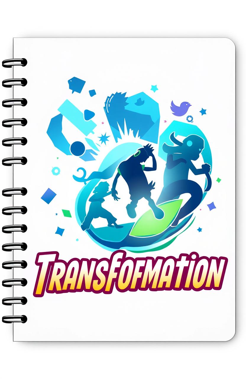 A visually engaging notebook cover design for a game titled 'Transformation'