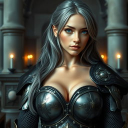 A busty, beautiful cleric, slender European girl with very large, tender breasts