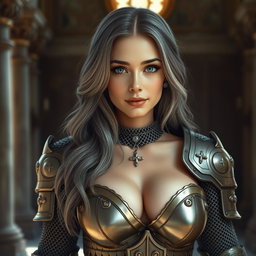 A busty, beautiful cleric, slender European girl with very large, tender breasts