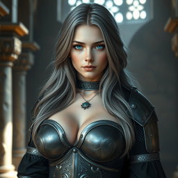 A busty, beautiful cleric, slender European girl with very large, tender breasts