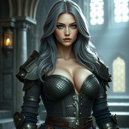 A busty, beautiful cleric, slender European girl with very large, tender breasts