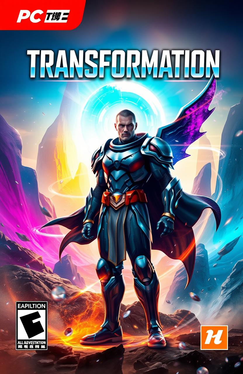A captivating cover design for the game "Transformation" showcasing a dynamic scene with futuristic elements