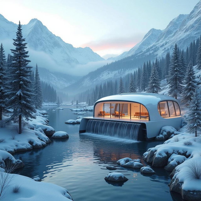 Create a stunning futuristic house situated in a serene winter landscape, surrounded by majestic mountains and evergreen trees