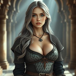 A busty beautiful European cleric girl with a slender figure, featuring very large tender breasts