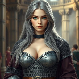 A busty beautiful European cleric girl with a slender figure, featuring very large tender breasts