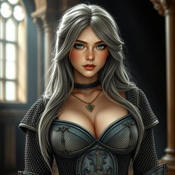 A busty beautiful European cleric girl with a slender figure, featuring very large tender breasts
