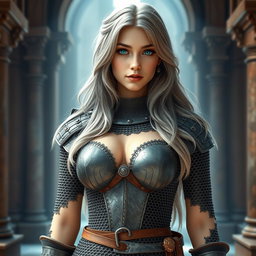 A busty beautiful European cleric girl with a slender figure, featuring very large tender breasts