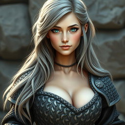A busty, beautiful cleric depicted as a slender European girl with a captivating, loving oval-shaped face