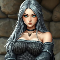 A busty, beautiful cleric depicted as a slender European girl with a captivating, loving oval-shaped face