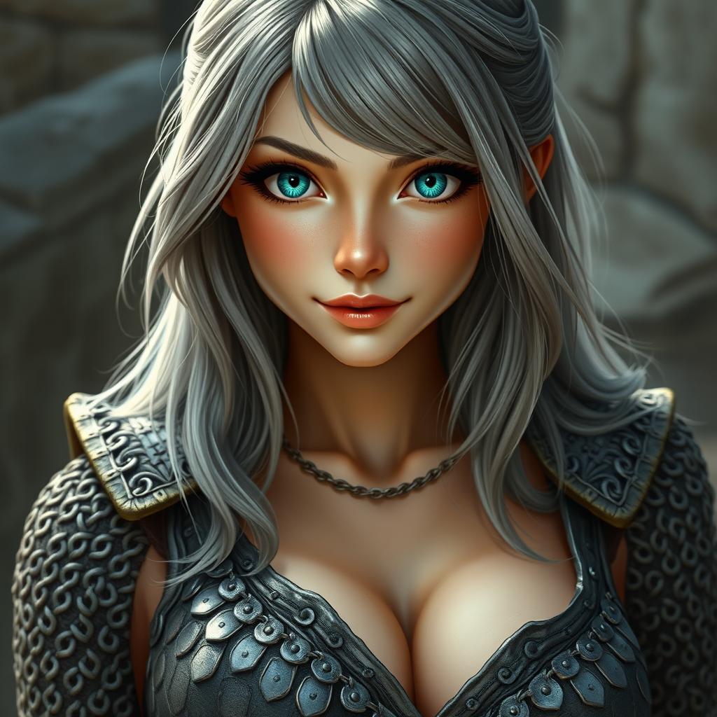 A busty, beautiful cleric depicted as a slender European girl with a captivating, loving oval-shaped face