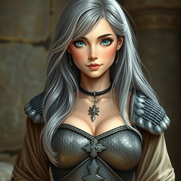 A busty, beautiful cleric depicted as a slender European girl with a captivating, loving oval-shaped face
