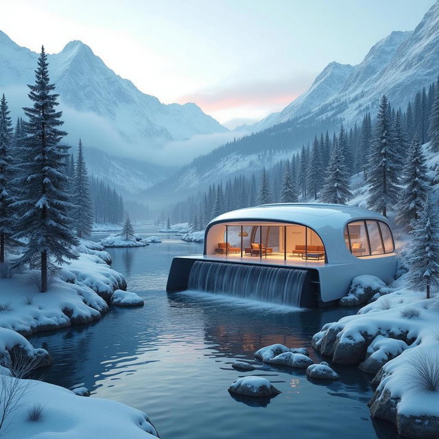 Create a picturesque scene featuring a modern futuristic house set by a tranquil river in a snowy landscape