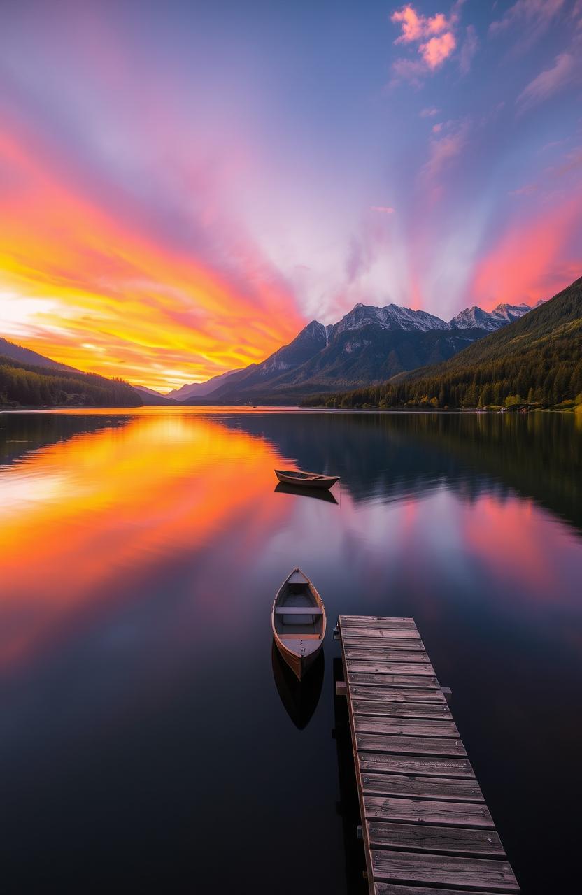 A serene landscape featuring a vibrant sunset over a calm lake, surrounded by lush green forests and majestic mountains in the background