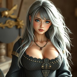 A busty, beautiful cleric who is a slender European girl with very large, tender breasts