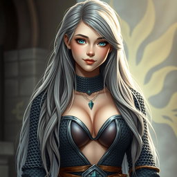 A beautiful cleric girl of slender build from Europe, showcasing her generously large and tender breasts