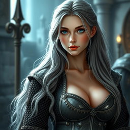 A beautiful cleric girl of slender build from Europe, showcasing her generously large and tender breasts