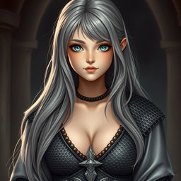 A beautiful cleric girl of slender build from Europe, showcasing her generously large and tender breasts