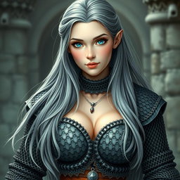 A beautiful cleric girl of slender build from Europe, showcasing her generously large and tender breasts
