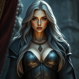 A busty and beautiful cleric, slender European girl with very large tender breasts, long soft layers of ash grey hair, bright turquoise eyes, and a lovely cute shy loving oval-shaped face, wearing heavy crusader chainmail that accentuates her figure and shows some cleavage