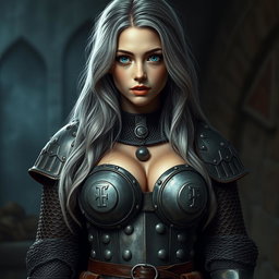 A busty and beautiful cleric, slender European girl with very large tender breasts, long soft layers of ash grey hair, bright turquoise eyes, and a lovely cute shy loving oval-shaped face, wearing heavy crusader chainmail that accentuates her figure and shows some cleavage