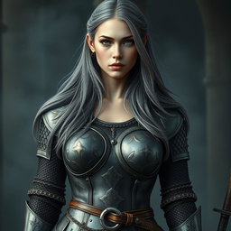 A busty and beautiful cleric, slender European girl with very large tender breasts, long soft layers of ash grey hair, bright turquoise eyes, and a lovely cute shy loving oval-shaped face, wearing heavy crusader chainmail that accentuates her figure and shows some cleavage
