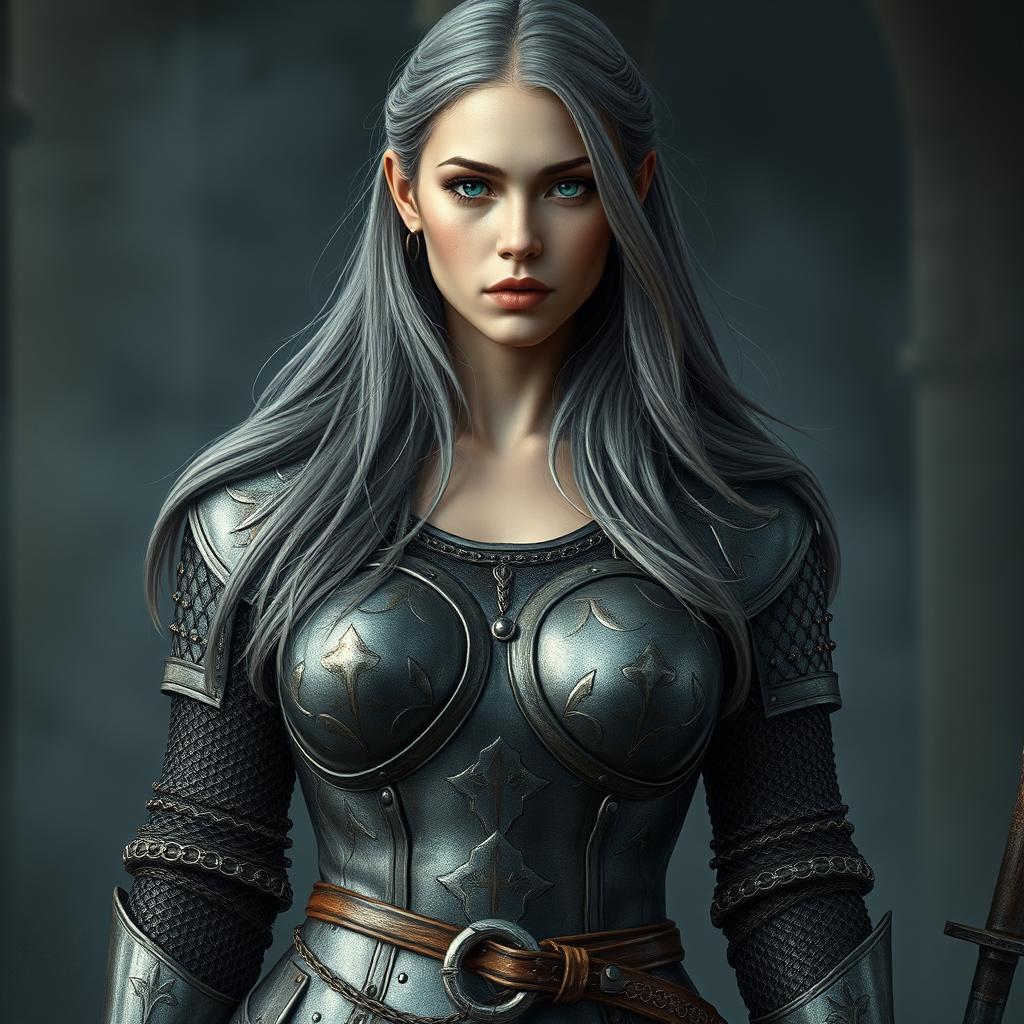 A busty and beautiful cleric, slender European girl with very large tender breasts, long soft layers of ash grey hair, bright turquoise eyes, and a lovely cute shy loving oval-shaped face, wearing heavy crusader chainmail that accentuates her figure and shows some cleavage